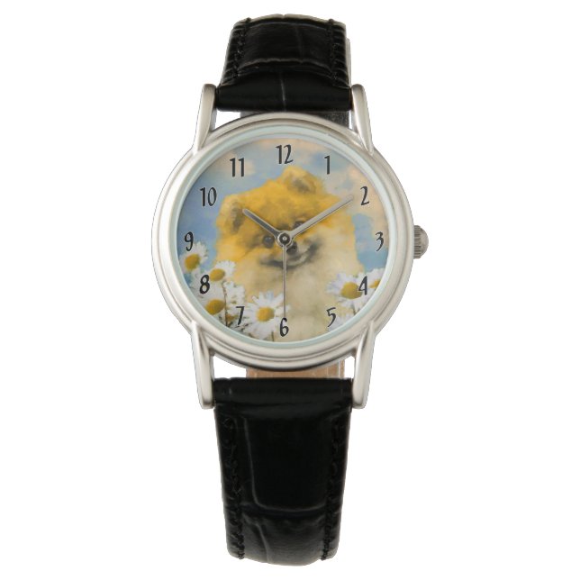 Pomeranian in Daisies Painting - Original Dog Art Watch (Front)