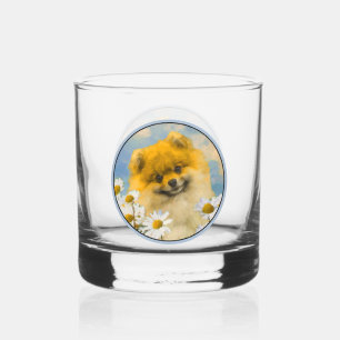 Pomeranian in Daisies Painting - Original Dog Art Whiskey Glass