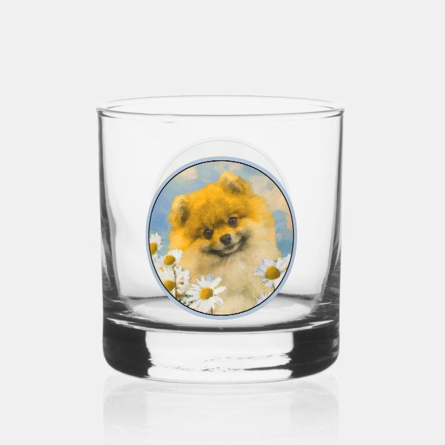 Pomeranian in Daisies Painting - Original Dog Art Whiskey Glass (Front)
