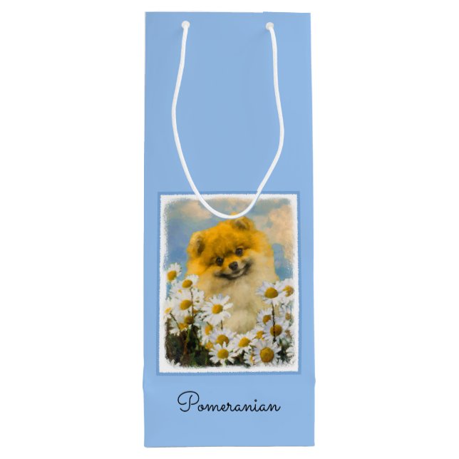 Pomeranian in Daisies Painting - Original Dog Art Wine Gift Bag (Back)