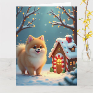 Pomeranian in Gingerbread Village Christmas Card