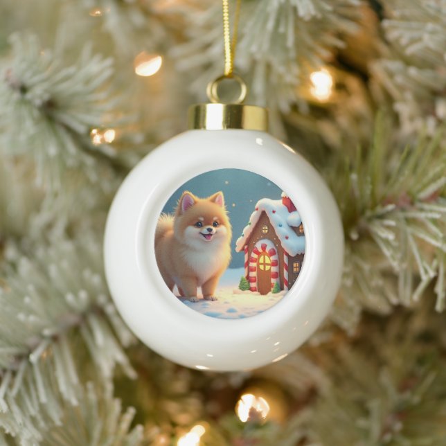 Pomeranian in Gingerbread Village Christmas Ceramic Ball Christmas Ornament (Tree)