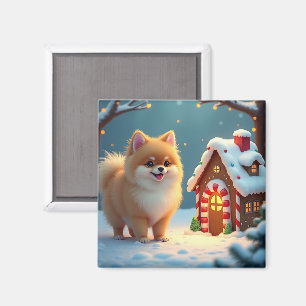 Pomeranian in Gingerbread Village Christmas Magnet