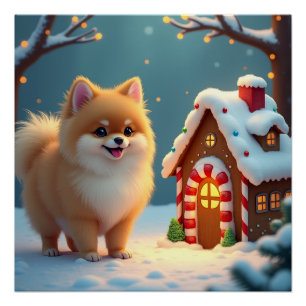 Pomeranian in Gingerbread Village Christmas Poster