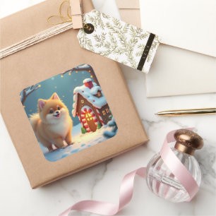 Pomeranian in Gingerbread Village Christmas Square Sticker