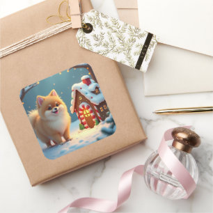 Pomeranian in Gingerbread Village Christmas Square Sticker