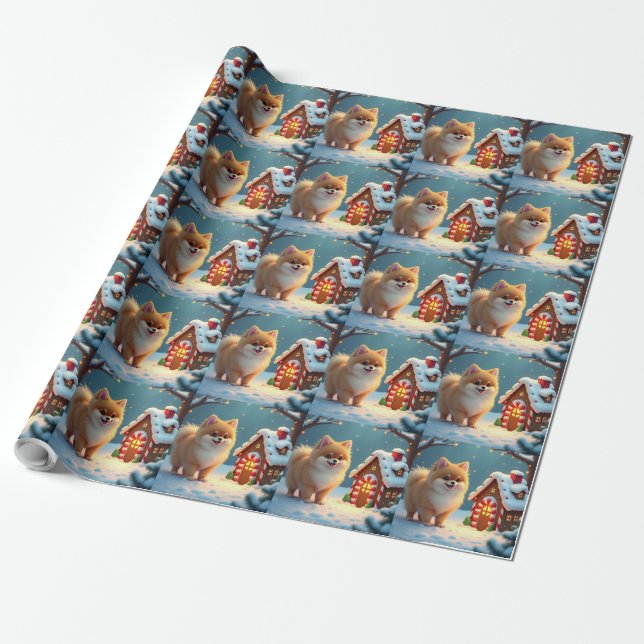 Pomeranian in Gingerbread Village Christmas Wrapping Paper (Unrolled)
