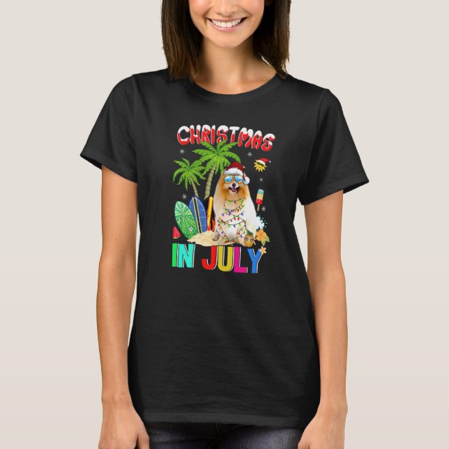 Pomeranian In Santa Hat Sunglasses Christmas In Ju T-Shirt (Front)