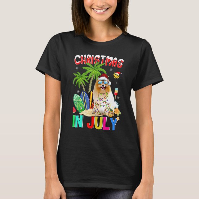   Pomeranian In Santa Hat Sunglasses Christmas In  T-Shirt (Front)