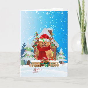 Pomeranian in snow with Christmas gifts Card