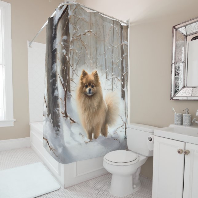 Pomeranian Let It Snow Christmas Shower Curtain (In Situ)