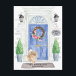 Pomeranian Moving Announcement Postcard<br><div class="desc">Announce your new address with our stylish announcement featuring a Pomeranian,  blue front door,  welcome mat,  slate sign,  topiaries and a floral wreath set on a grey brick background.</div>