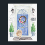 Pomeranian Moving Announcement Postcard<br><div class="desc">Announce your new address with our stylish announcement featuring a Pomeranian,  blue front door,  welcome mat,  slate sign,  topiaries and a floral wreath set on a grey brick background.</div>