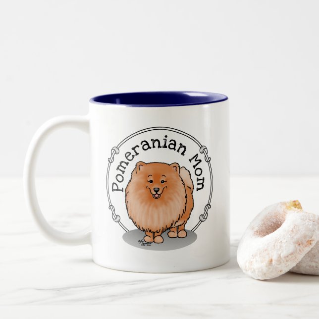 Pomeranian Mum Pom Mum (orange red) Cute Dog Mum Two-Tone Coffee Mug (With Donut)