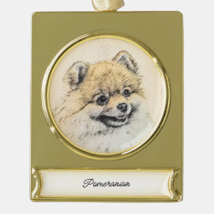 Pomeranian (Orange) Painting - Original Dog Art Go Gold Plated Banner Ornament