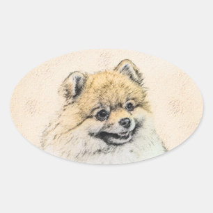 Pomeranian (Orange) Painting - Original Dog Art Oval Sticker