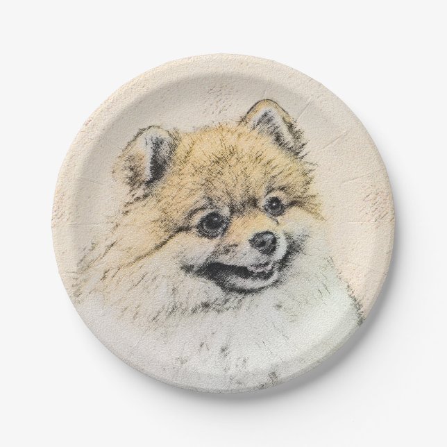 Pomeranian (Orange) Painting - Original Dog Art Paper Plate (Front)