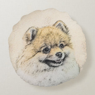 Pomeranian (Orange) Painting - Original Dog Art Round Cushion