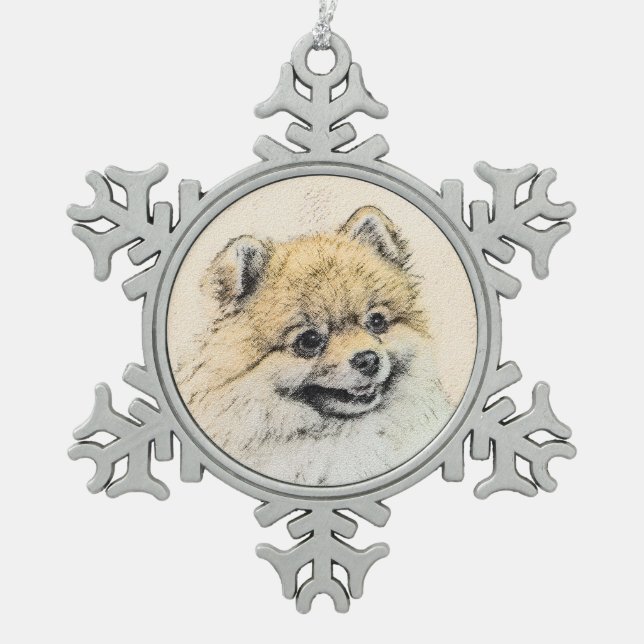 Pomeranian (Orange) Painting - Original Dog Art Snowflake Pewter Christmas Ornament (Front)