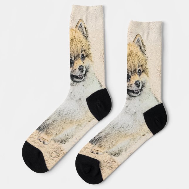Pomeranian (Orange) Painting - Original Dog Art Socks (Left)