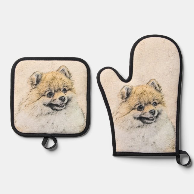 Pomeranian Painting Orange Pom Original Dog Art Oven Mitt & Pot Holder Set (Front)