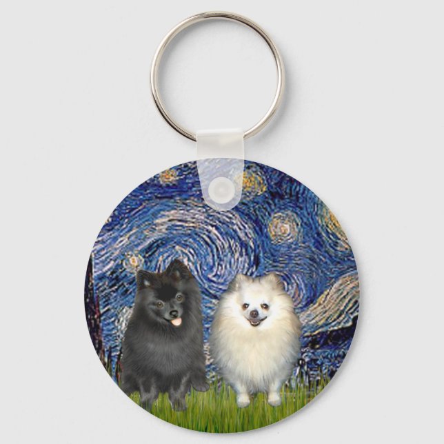 Pomeranian Pair (B+W)-Starry Night Key Ring (Front)