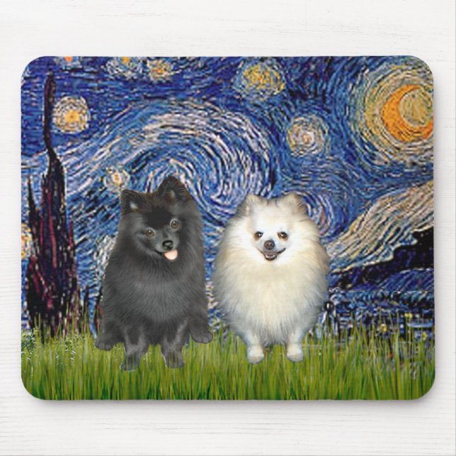 Pomeranian Pair (B+W)-Starry Night Mouse Mat (Front)