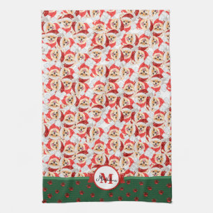 Pomeranian Pattern Monogram Christmas Dog Tea Towel