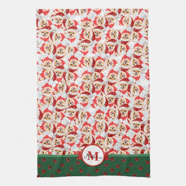 Pomeranian Pattern Monogram Christmas Dog Tea Towel (Vertical)