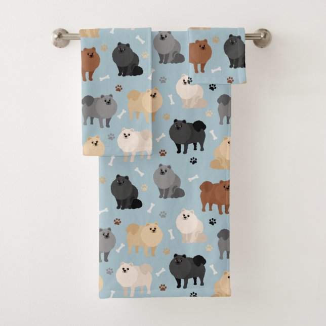 Pomeranian Paw-prints and Dog Bones Bath Towel Set (Insitu)
