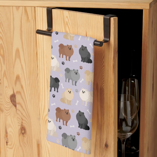 Pomeranian Paw-prints and Dog Bones Kitchen Towel (Thirds Fold)