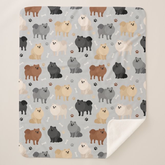 Pomeranian Paw-prints and Dog Bones Sherpa Blanket (Front)