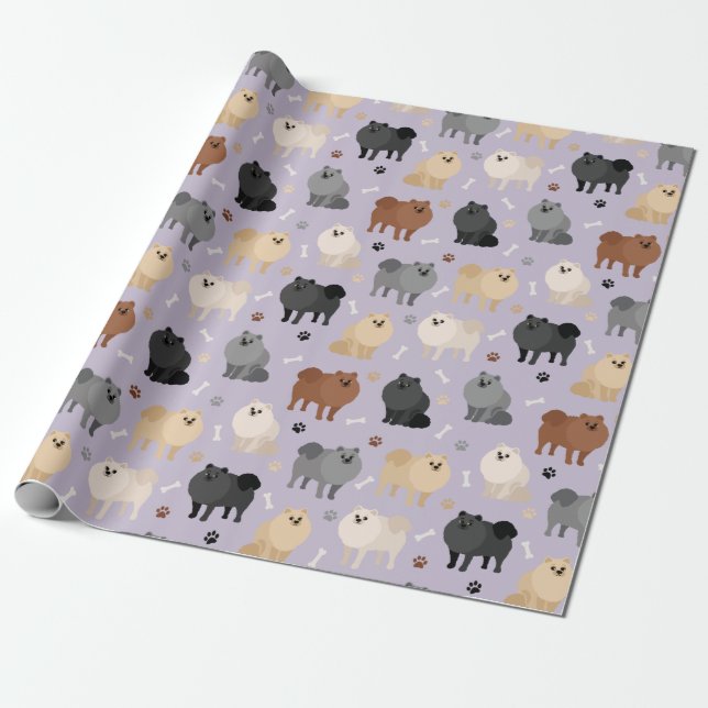 Pomeranian Paw-prints and Dog Bones Wrapping Paper (Unrolled)