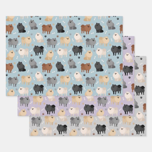 Pomeranian Paw-prints and Dog Bones Wrapping Paper Sheet (Set)