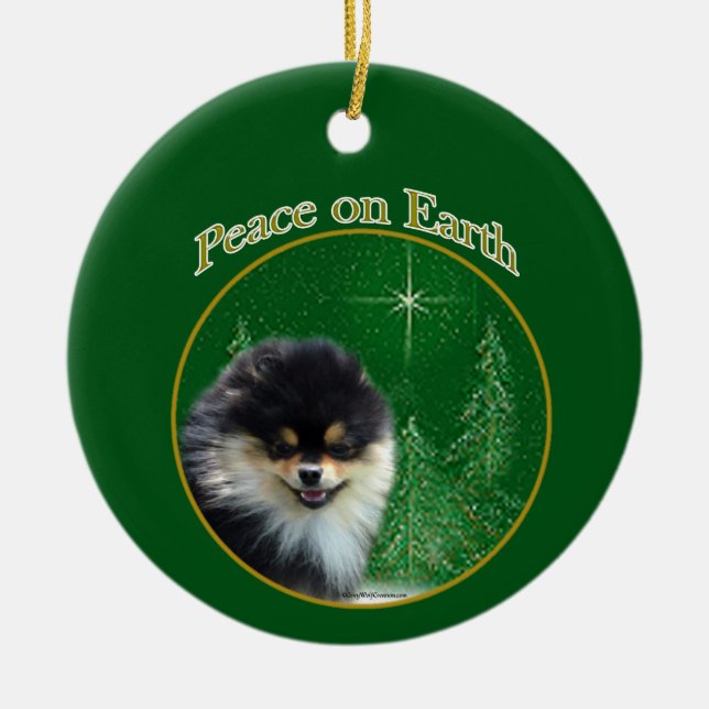 Pomeranian Peace Ceramic Tree Decoration (Front)
