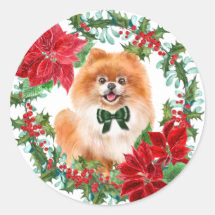 Pomeranian Poinsettia Holly Holiday Wreath Classic Round Sticker