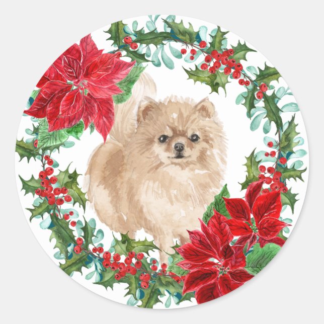 Pomeranian Poinsettia Holly Holiday Wreath Classic Round Sticker (Front)