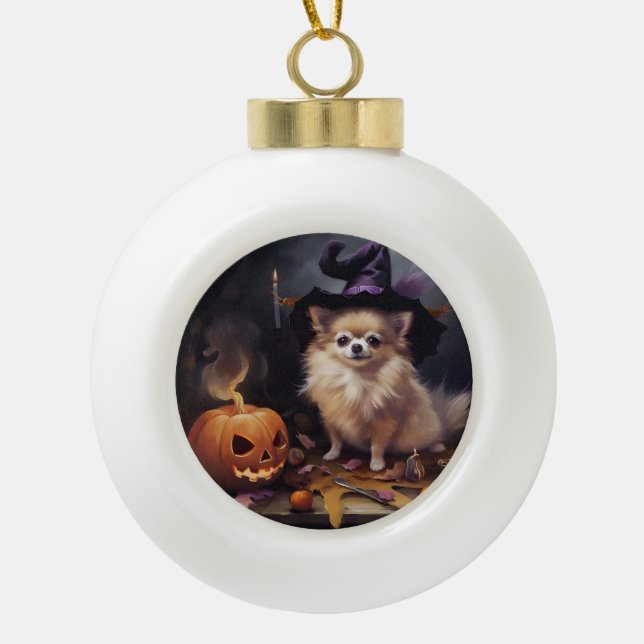 Pomeranian Pumpkins Halloween Scary  Ceramic Ball Christmas Ornament (Front)