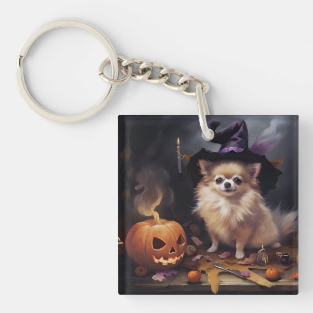 Pomeranian Pumpkins Halloween Scary  Key Ring (Front)
