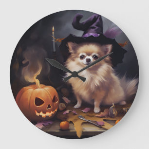 Pomeranian Pumpkins Halloween Scary  Large Clock