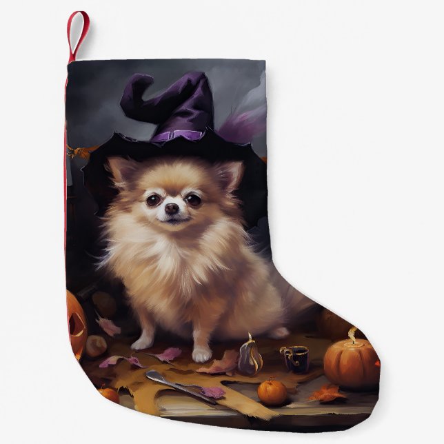 Pomeranian Pumpkins Halloween Scary  Small Christmas Stocking (Front)