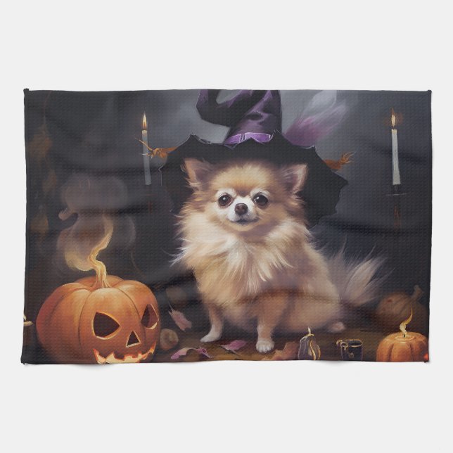 Pomeranian Pumpkins Halloween Scary  Tea Towel (Horizontal)