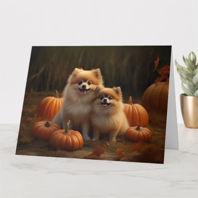 Pomeranian Puppy Autumn Delight Pumpkin Card (Small Plant)