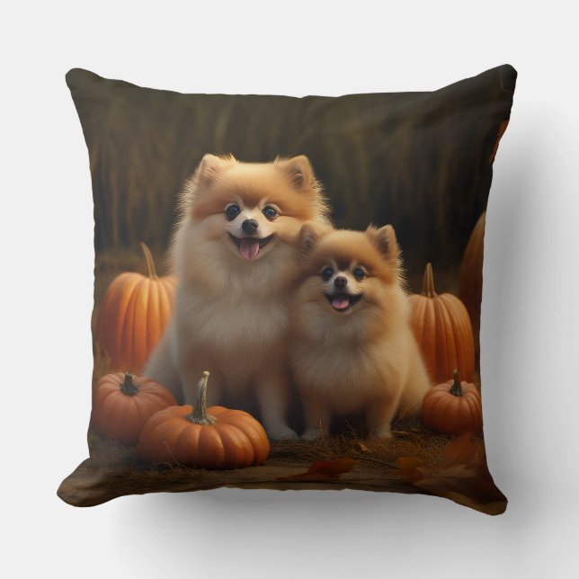 Pomeranian Puppy Autumn Delight Pumpkin Cushion (Front)