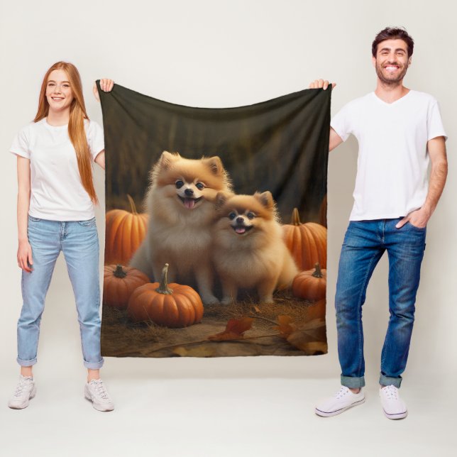 Pomeranian Puppy Autumn Delight Pumpkin Fleece Blanket (In Situ)