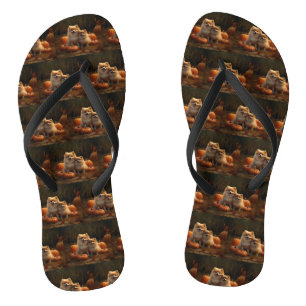 Pomeranian Puppy Autumn Delight Pumpkin Flip Flops