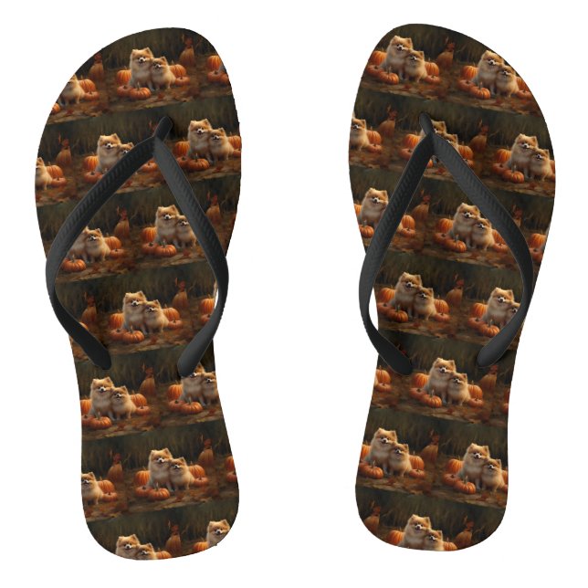 Pomeranian Puppy Autumn Delight Pumpkin Flip Flops (Footbed)