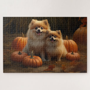 Pomeranian Puppy Autumn Delight Pumpkin Jigsaw Puzzle