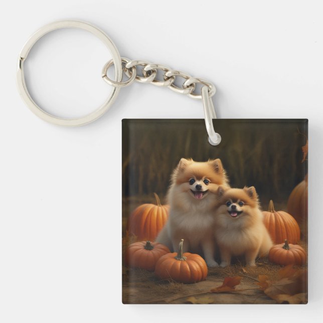 Pomeranian Puppy Autumn Delight Pumpkin Key Ring (Front)