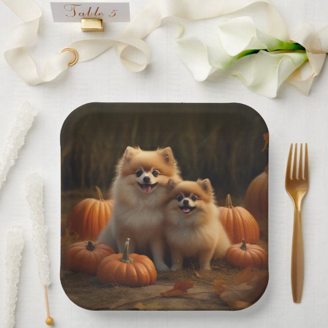 Pomeranian Puppy Autumn Delight Pumpkin Paper Plate (Wedding)